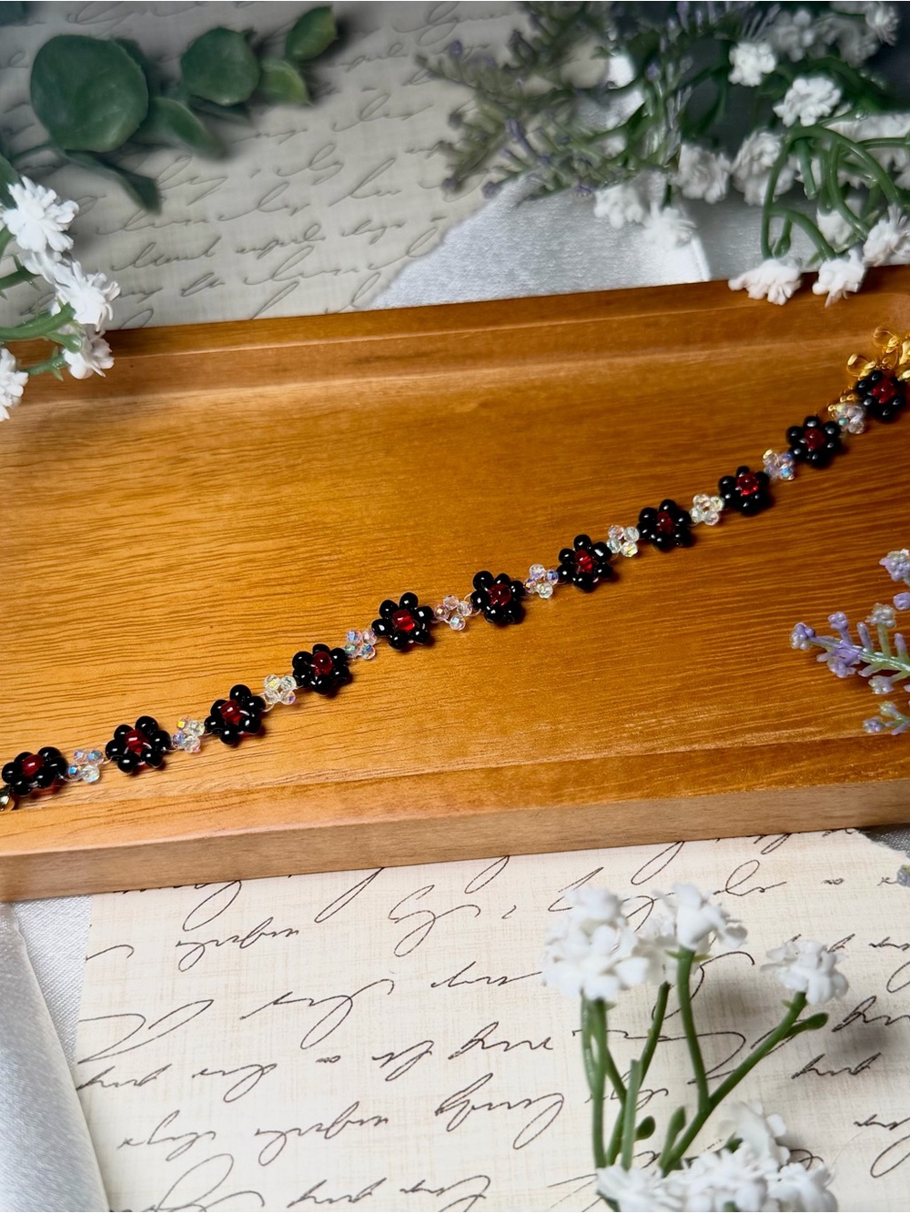 Cassian ACOTAR Inspired Black and Red Floral Beaded Bracelet